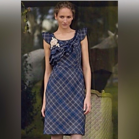 Anthro Floreat Wool Tweed Plaid Ruffle Neckline Pencil Sheath Dress - Picture 2 of 12